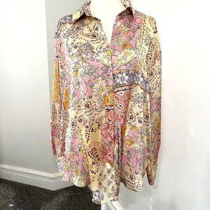 Zara Satin Paisley Patchwork Top Womens Medium Collared Oversized Button Front